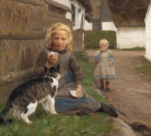 Brendekilde Hans Andersen A Village With Two Little Girls Eating Sandwiches While A Cat Is Watching canvas print