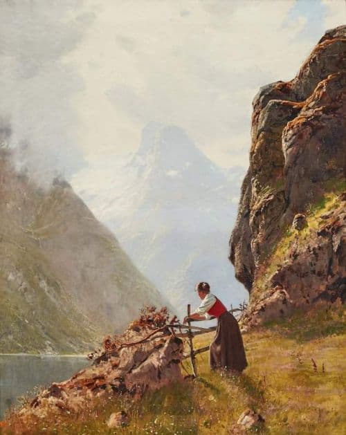 Dahl Hans Flicka I Norskt Fjordlandskap canvas print