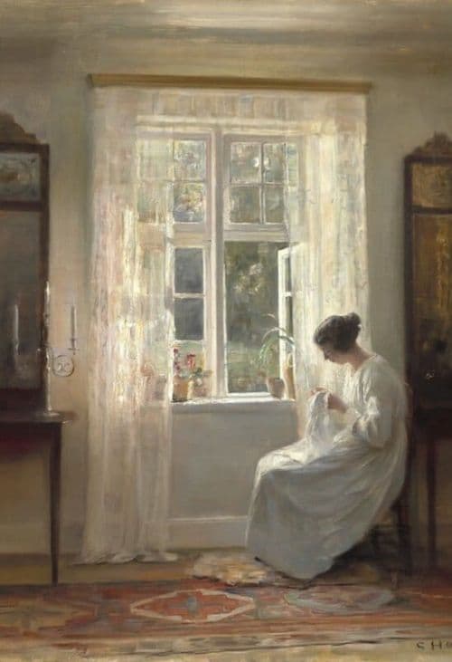 Holsoe Carl Interior With The Artist S Wife Sitting With Her Needlework Next To An Open Window canvas print