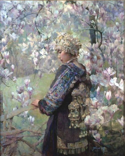 Hong Nian Zhang Magnolias Himalayan Girl In Traditional Dress - 1988 canvas print