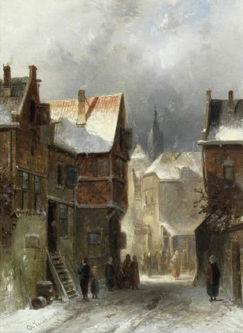Leickert Charles Figures Gathering In A Snowy Street canvas print