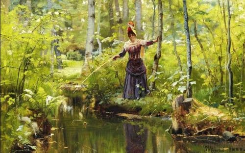 Monsted Peder A Woman Is Fishing In A Stream On A Summer Day In The Forest 1888 canvas print