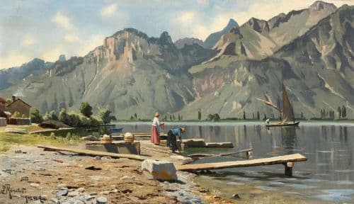 Monsted Peder Washerwomen On The Shore Of Lake Geneva 1889 canvas print