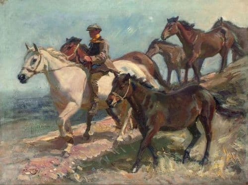Munnings Alfred James Shrimp And Six Ponies On The Ringland Hills canvas print