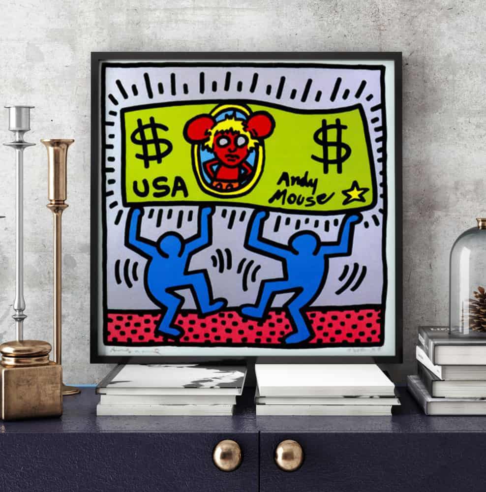 Keith Haring prints on paper framed of Andy Mouse 1986