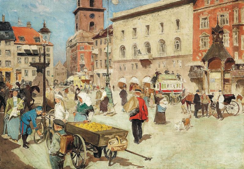 Henningsen Erik Street Life In Gammel Torv In Copenhagen With A Postman And A Fruitseller canvas print