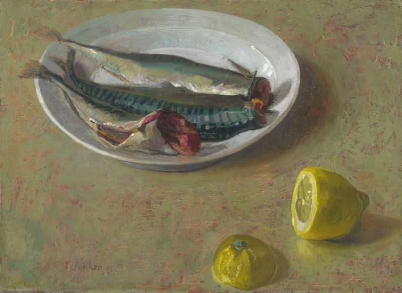 Rikken Ben White Plate With Maquerels And Lemon canvas print