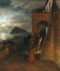Achenbach Oswald Abendliche Serenade Auf Ischia Im Hintergrund Das Castello Aragonese 1886