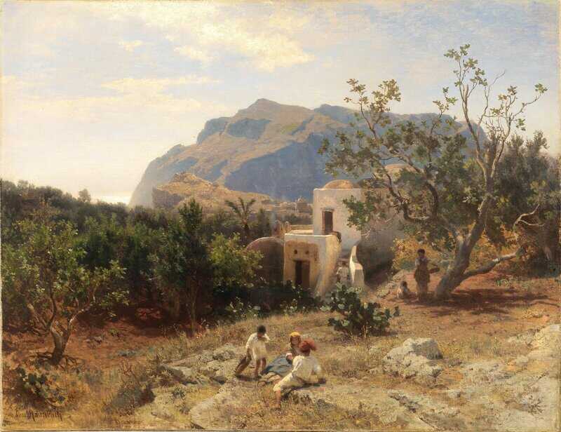 Achenbach Oswald Ansicht Von Capri Mit Den Ruinen Der Villa Des Kaisers Tiberius Im Hintergrund A View Of Capri With The Remains Of The Villa Of Emperor Tiberius In The Background S.d. canvas print