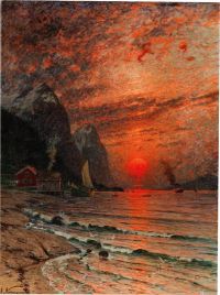 Adelsteen Normanna Puesta de sol sobre el fiordo - 1918 impresión de lienzo