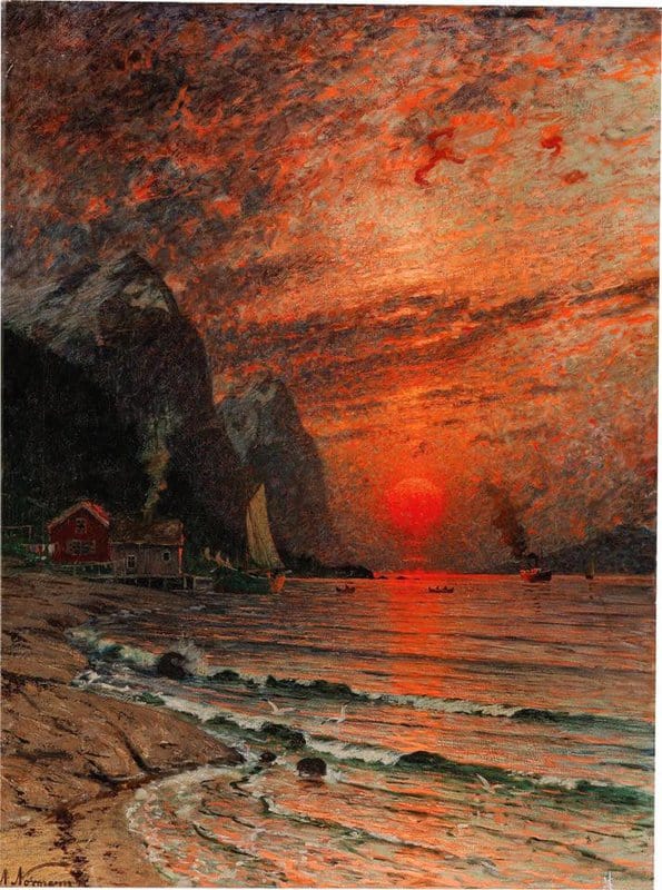 Tableaux sur toile, Reproduktion von Adelsteen Normanna Sonnenuntergang über dem Fjord - 1918