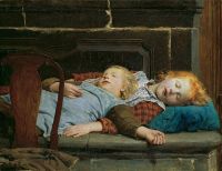 Albert Anker Zwei schlafende Mädchen auf der Herdbank 1895