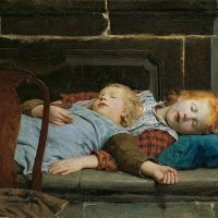 ألبرت أنكر فتاتان نائمتان على مقعد الموقد 1895