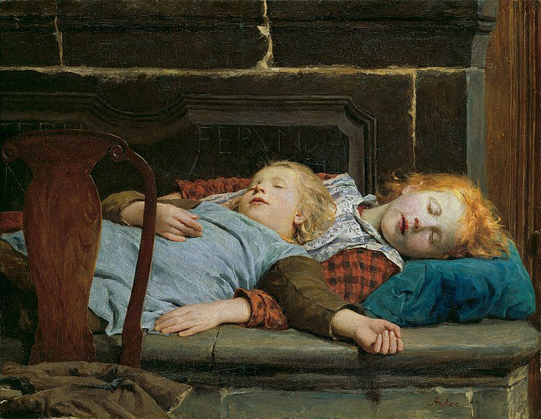 Tableaux sur toile, reproduction de Albert Anker Two Sleeping Girls On The Stove Bench 1895