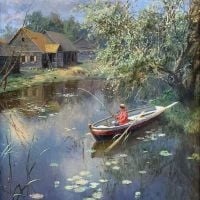 Alexander Alexandrovich Kiselev Landscape With A Fisherman - At The Pond In The Village 1902