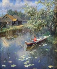 Alexander Alexandrovich Kiselev Landscape With A Fisherman - At The Pond In The Village 1902