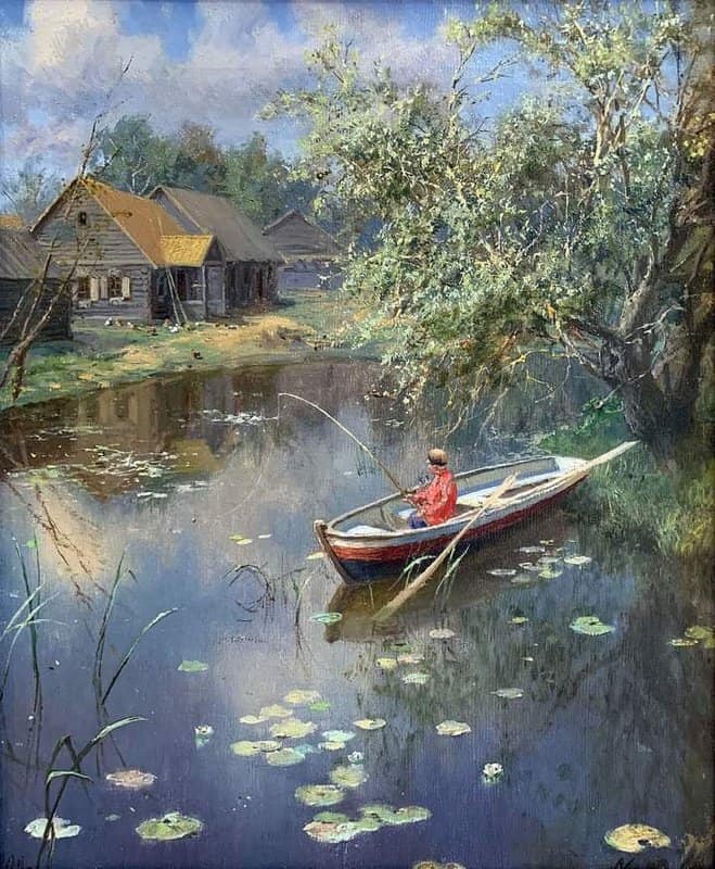 Tableaux sur toile, Alexander Alexandrovich Kiselev의 어부가 있는 풍경 재생산 - 마을의 연못에서 1902