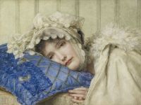 파란 베개에 머리를 대고 보닛을 쓴 알마 타데마 안나 소녀 1902