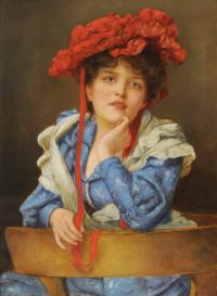 ألما تاديما آنا صورة لسيدة شابة ترتدي فستانًا باللونين الأزرق والأبيض وقلنسوة حمراء