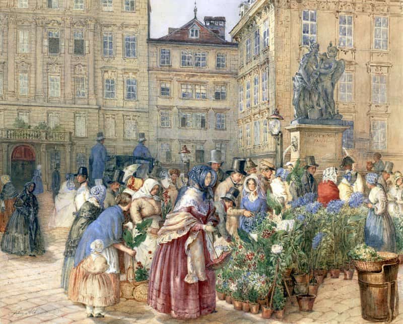 Alt Rudolf Von A Bustling Flower Market canvas print