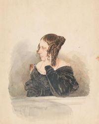 알트 루돌프 폰 난간에 그녀의 팔을 쉬고 절반 프로필에 젊은 여자의 초상화