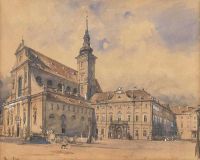 Alt Rudolf Von Das Statthaltereigeb Ude Mit Der Thomaskirche Auf Dem M Hrischen Platz In Brünn Ca. 1854