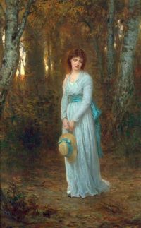 Amberg Wilhelm August Lebrecht Meditation Junge Frau im weißen Sommerkleid in einem Birkenwäldchen