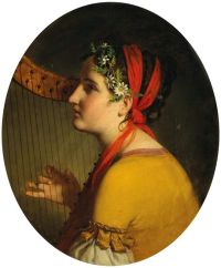 Amerling Friedrich Von Porträt einer Dame mit Harfe und Gänseblümchen im Haar