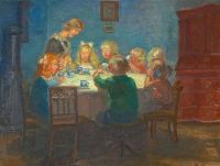 Ancher Anna Skagen에서 어린이 파티가있는 파란색 인테리어