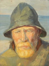 Ancher Anna, ein Fischer aus Skagen im Sonnenlicht, der einen Sou Wester und einen Regenmantel trägt