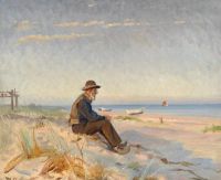 Ancher Anna صياد من Skagen يجلس على الشاطئ في شمس الظهيرة