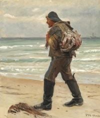 Ancher Anna Ein Fischer am Strand von Skagen, der den Fang des Tages auf dem Rücken trägt