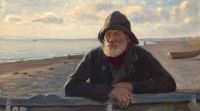 Ancher Anna Ein Fischer im Licht des Sonnenuntergangs am Strand von Skagen 1904