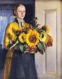 Ancher Anna A Girl With Sunflowers مطبوع على قماش