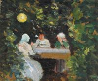 Ancher Anna A تجمع صغير حول الطاولة في ضوء الفانوس الصيني أمسية صيفية في الحديقة 1912 طباعة قماشية