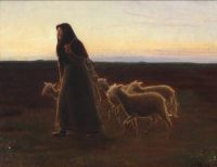 Ancher Anna Eine Frau, die mit ihren Schafen die Heide überquert