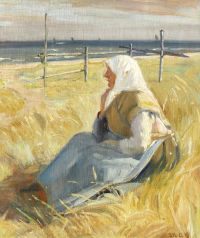 Ancher Anna 해변 근처에 앉아있는 Skagen의 여성