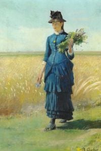 Ancher Anna ein junges Mädchen in einem blauen Kleid auf einem Feld, das wilde Blumen in ihrer Hand hält
