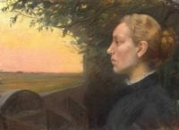 Ancher Anna Ein junges Mädchen aus Skagen an einem Holzzaun beobachtet die untergehende Sonne 1906