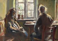 Ancher Anna 창 앞 테이블에 앉아 있는 Skagen의 노부부