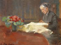 Ancher Anna Anna Ancher 수녀 Marie Br Ndum은 테이블에 바느질 작업을 하고 앉아 있습니다.