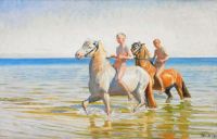 Ancher Anna Boys reiten auf Pferden zum Wasser. Skagen