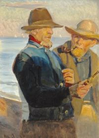 Ancher Anna Schließzeit. Zwei Fischer aus Skagen, die am Strand eine Pfeife rauchen