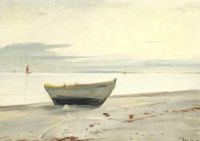Ancher Anna Küstenansicht von Skagen mit ruhigem Meer und einem Boot am Strand 1912
