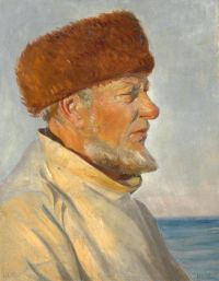 Ancher Anna Fisherman من Skagen مع قبعة من الفرو في ضوء الشمس على الشاطئ