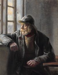Ancher Anna Fisherman Ole Svendsen من Skagen وهو يدخن أنبوبه بالقرب من النافذة 1914 مطبوعة على القماش