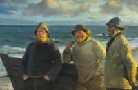 저녁 태양의 해변에 서 있는 Skagen의 앵커 안나 어부들