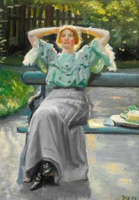 Ancher Anna Helga Ancher على مقعد في الحديقة في أمسية صيفية