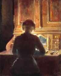 Ancher Anna Helga sitzt in Michael Anchers Studio in seinem Ortmann Rococo Walnut Bureau am Markvej