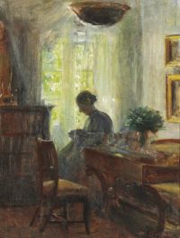 Ancher Anna Interieur aus dem Haus des Künstlers. Anna Ancher bei ihrer Handarbeit